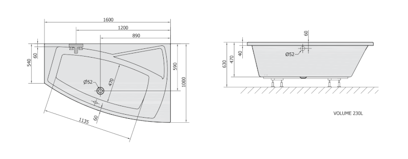 EVIA R asymetrická vana 160x100x47cm, bílá 12611