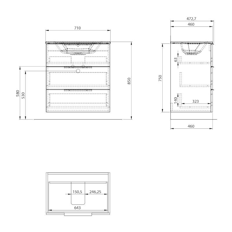 CIRASA umyvadlová skříňka 69,8x75x46cm, 3x zásuvka, dub Alabama CR731-2222