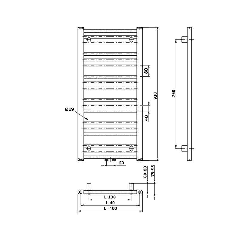ALBRECHT otopné těleso 400x930 mm, středové připojení, černá mat 600.111.6