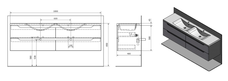 WAVE dvojumyvadlová skříňka 179,7x50x47,8cm, bílá/mali wenge WA180-3021