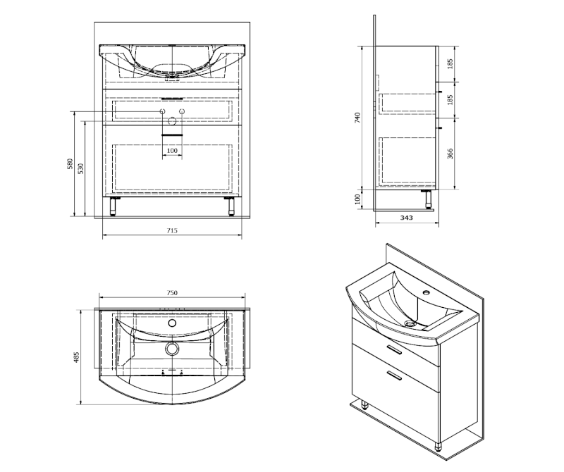 ZOJA umyvadlová skříňka šuplíková 71,5x74x34cm, bílá 51071A
