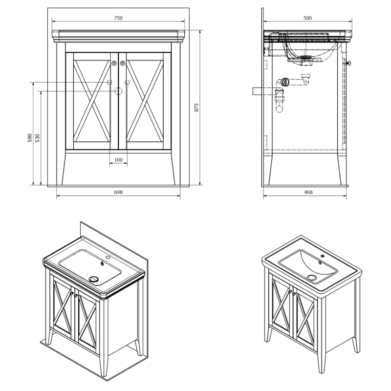 CROSS umyvadlová skříňka 70x81x47cm, starobílá CR275