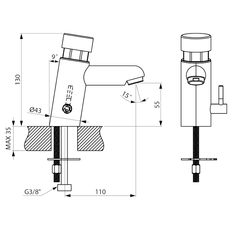 TEMPOR samouzavírací stojánkový ventil na umyvadlo s regulací teploty, chrom 937.002.1