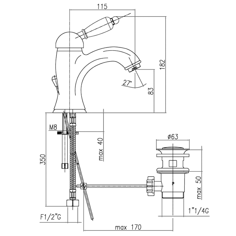 KIRKÉ BLACK stojánková umyvadlová baterie s výpustí, černá páčka, zlato KI02NZ