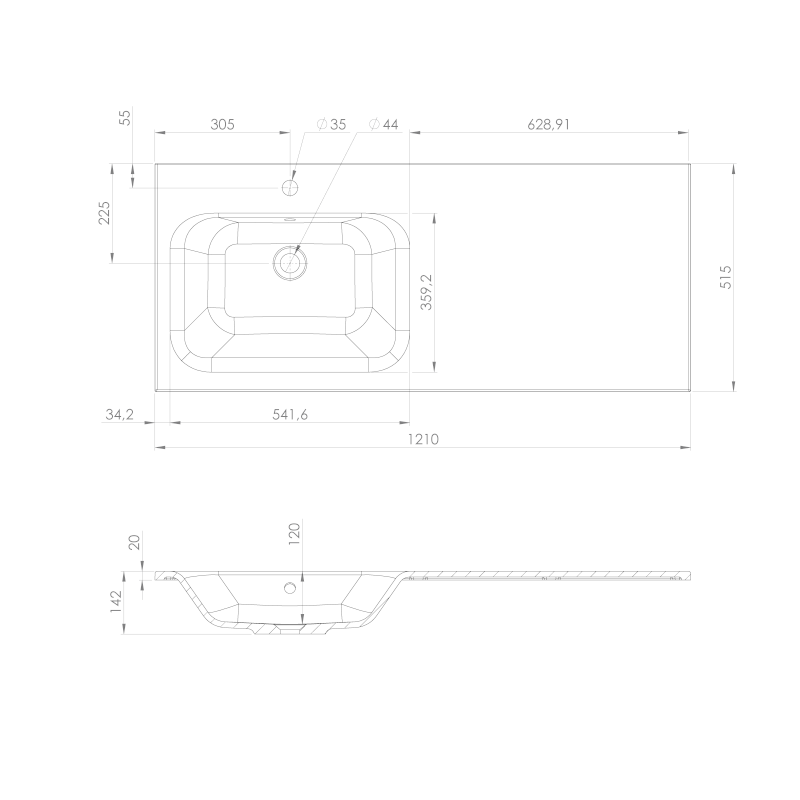 ARECA umyvadlo, litý mramor, 121x51,5cm, levé, bílá AC121L