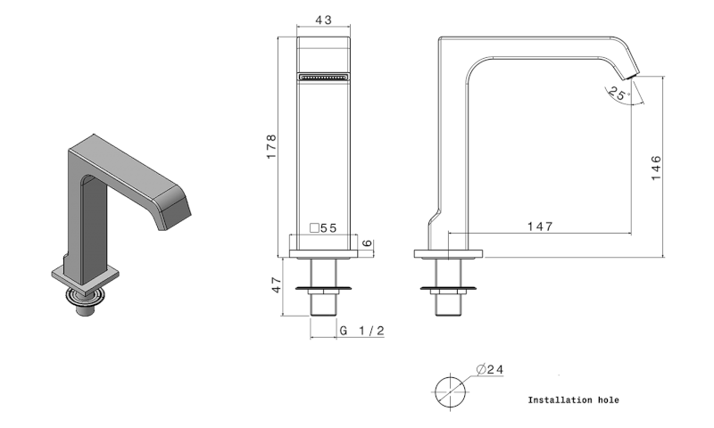 Výtoková hubice na okraj vany, šířka 43mm, kaskáda, chrom B02