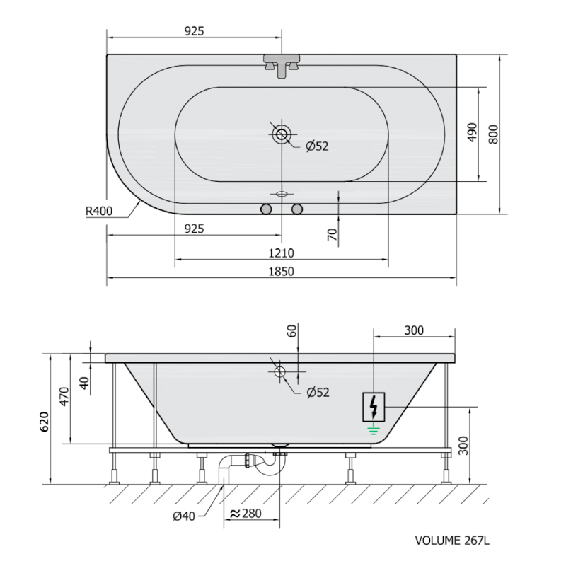 VIVA R hydromasážní vana, 185x80x47cm, Highline Hydro-Air, chrom 72129.6010