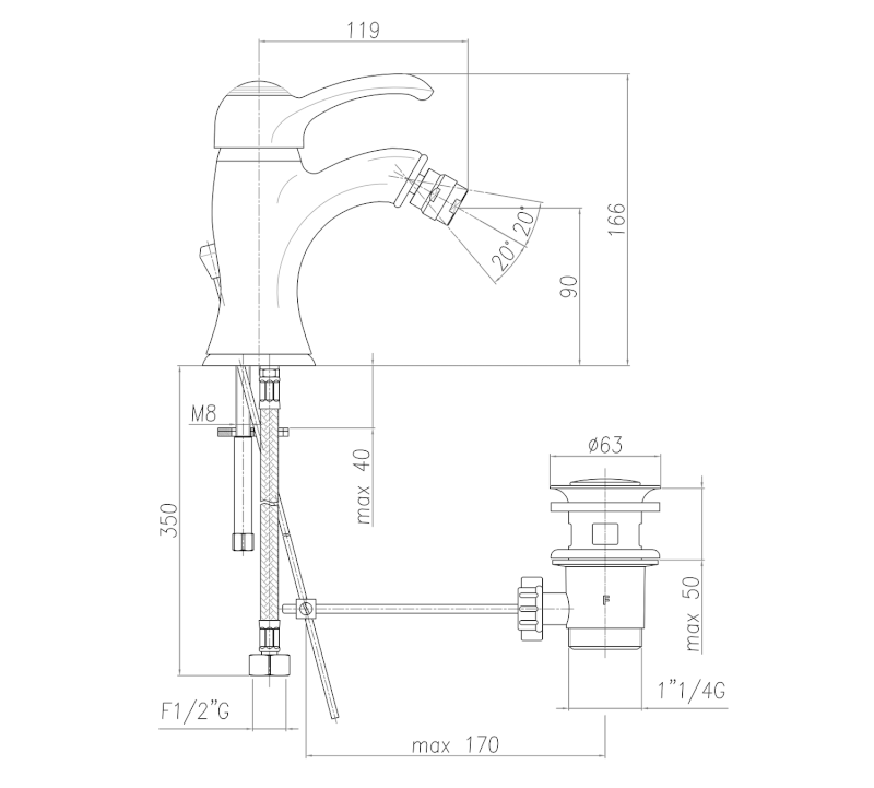 KIRKÉ stojánková bidetová baterie s výpustí, chrom KI03C