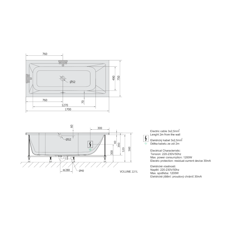 MIMOA hydromasážní vana, 170x75x39cm, Highline Hydro-Air, chrom 71709.6010