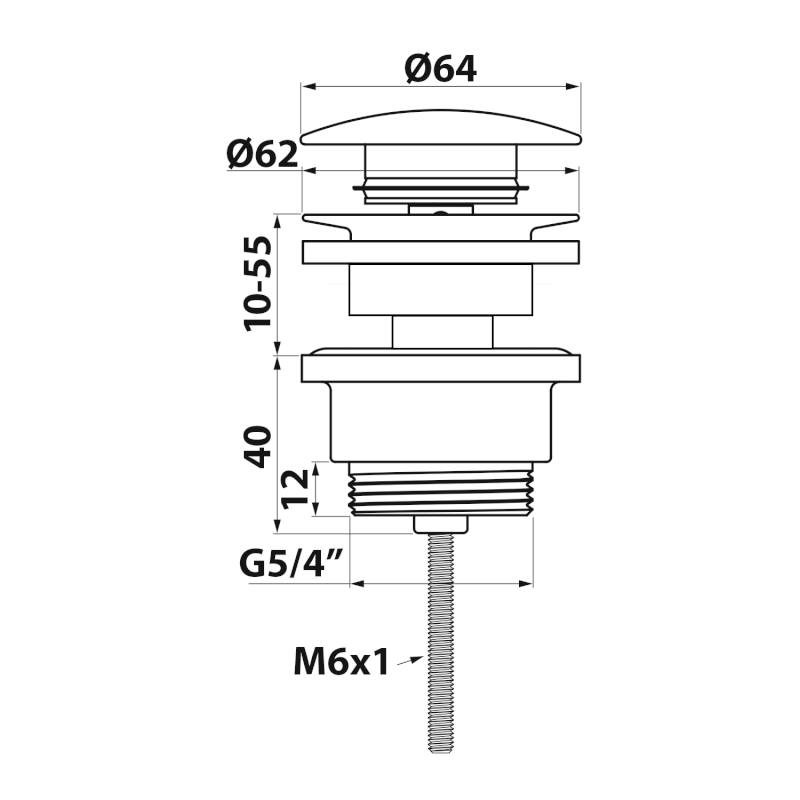 Umyvadlová výpust 5/4“, click-clack, velká zátka, 10-55mm, chrom 151.307.1