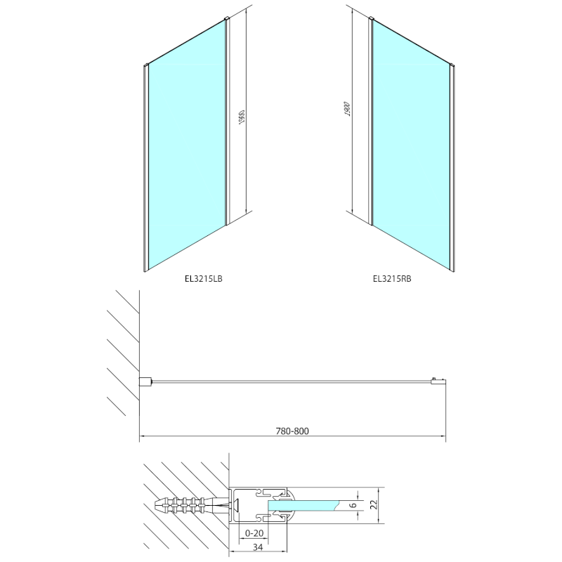 EASY BLACK boční stěna 800mm, čiré sklo EL3215B