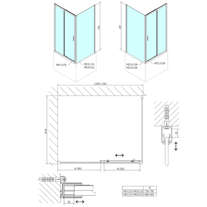 DEEP boční stěna 900x1500 cm, čiré sklo MD3315