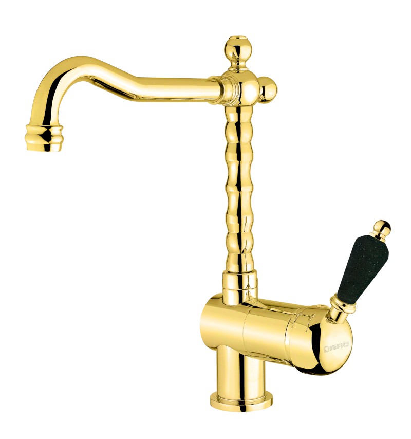 KIRKÉ BLACK stojánková dřezová baterie, černá páčka, zlato KI14NZ