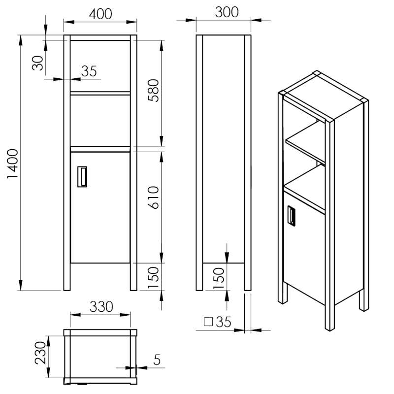 BRAND doplňková skříňka 40x140x30cm, pravá, mořený smrk BA043S