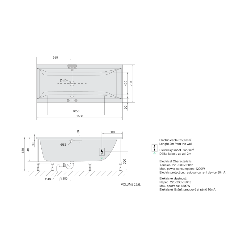 CLEO hydromasážní vana, 160x70x48cm, Active Hydro-Air, chrom 73611.2010