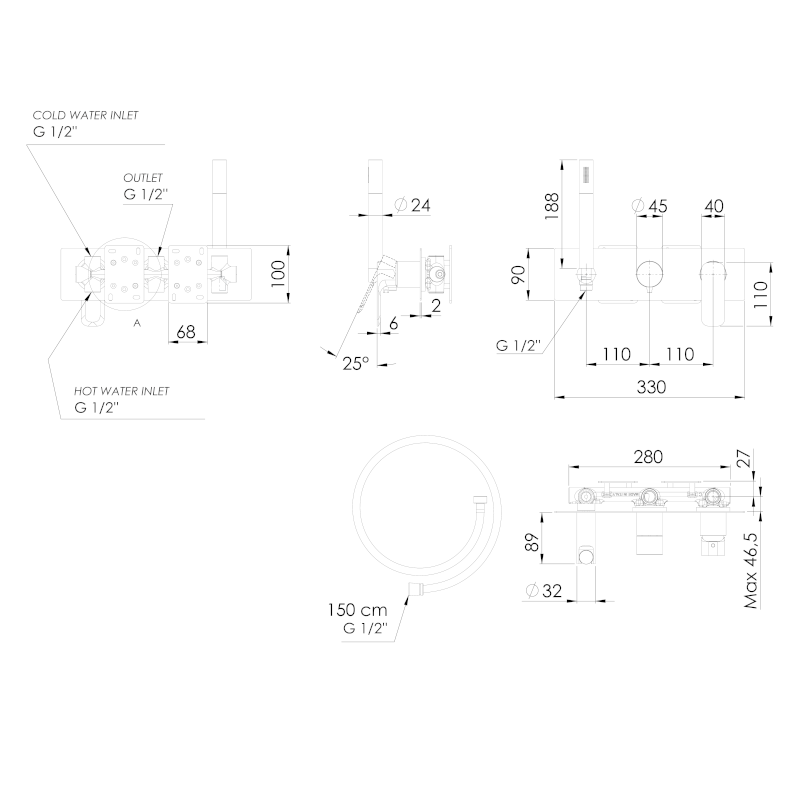 SPY podomítková sprchová/vanová baterie s ruční sprchou, 2 výstupy, bílá mat PY52/14