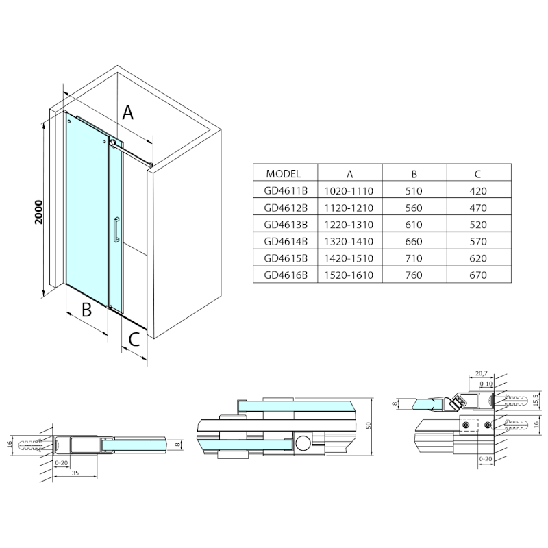 DRAGON BLACK sprchové dveře 1400mm, čiré sklo GD4614B