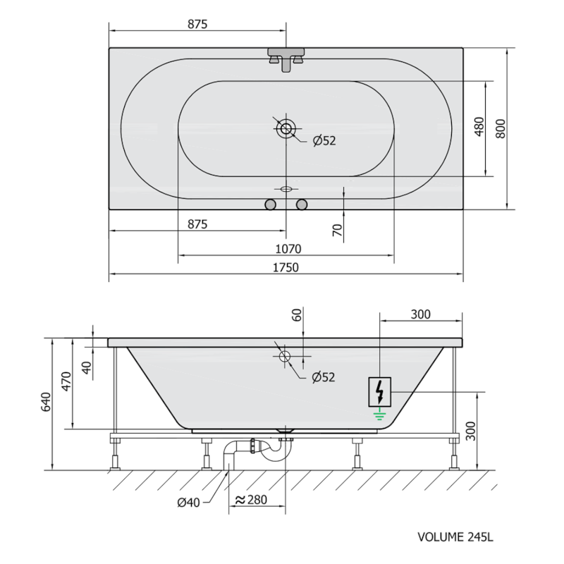 VIVA B hydromasážní vana, 175x80x47cm, Attraction Hydro-Air, chrom 88119.4010