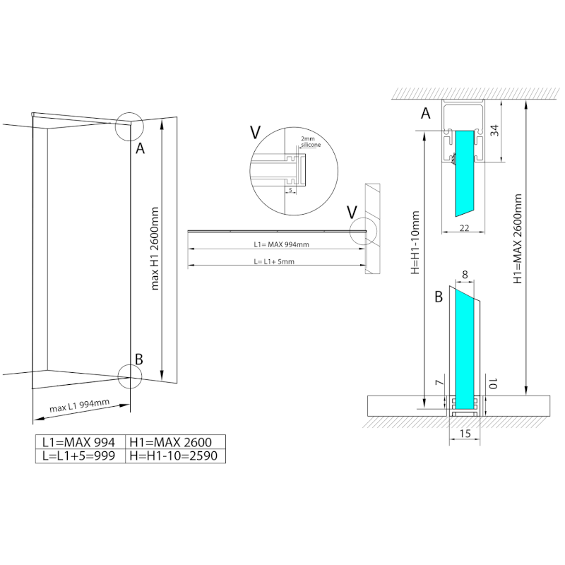 ARCHITEX kalené sklo, L 700 - 999mm, H 1800 - 2600mm, šedé ALS7010