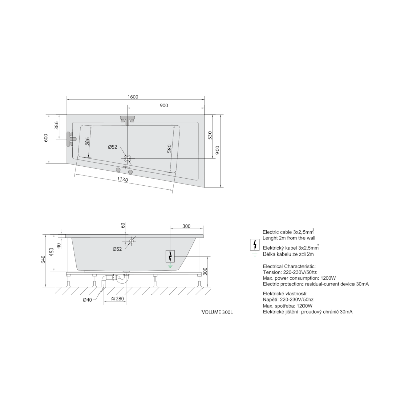 ANDRA R hydromasážní vana, 160x90x45cm, Active Hydro, chrom 81541.1010