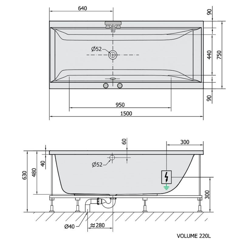 CLEO hydromasážní vana, 150x75x48cm, Attraction Hydro-Air, chrom 27611.4010