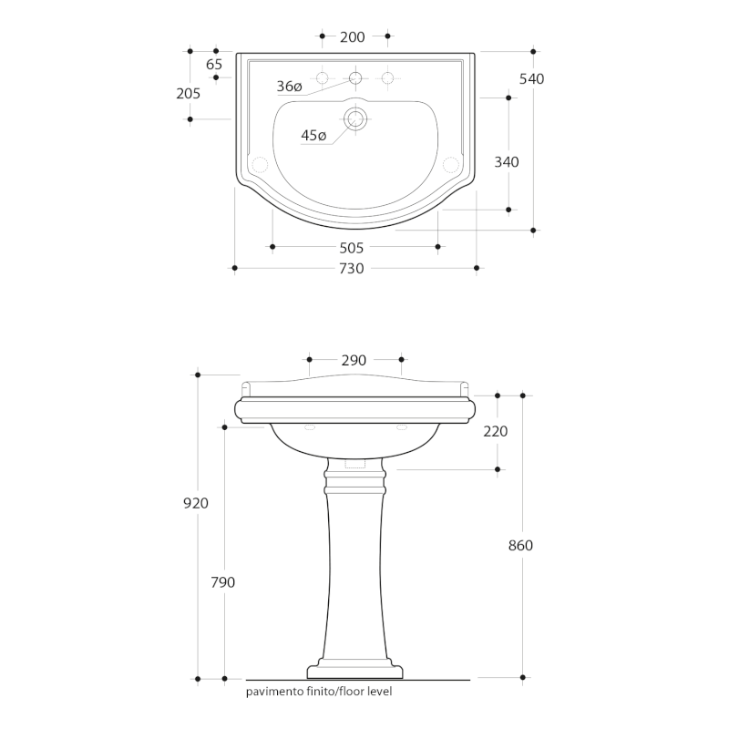 RETRO keramické umyvadlo 73x54cm, 3 otvory, bílá 104701-3