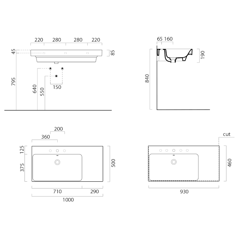NUBES keramické umyvadlo 100x50cm, s odkládací plochou vpravo, bílá mat 9627109