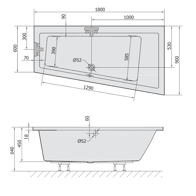 ANDRA R SLIM asymetrická vana 180x90x45cm, bílá 78771S