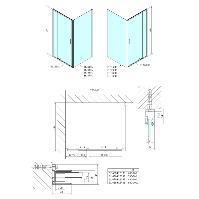 EASY sprchové dveře otočné 760-900mm, sklo Brick EL1638