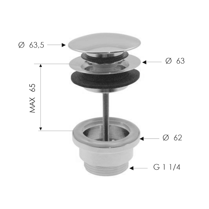 Umyvadlová výpust 5/4“, click-clack, velká zátka, 10-65mm, zlato mat CV100219