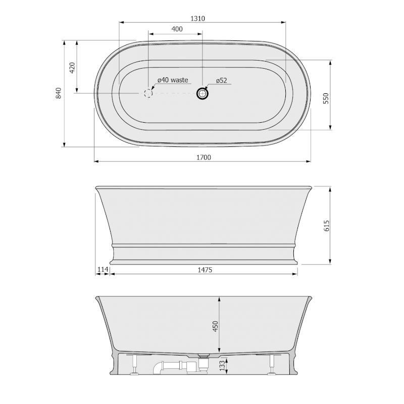 DELONIX volně stojící vana litý mramor 170x84x61,5cm, bílá 92130