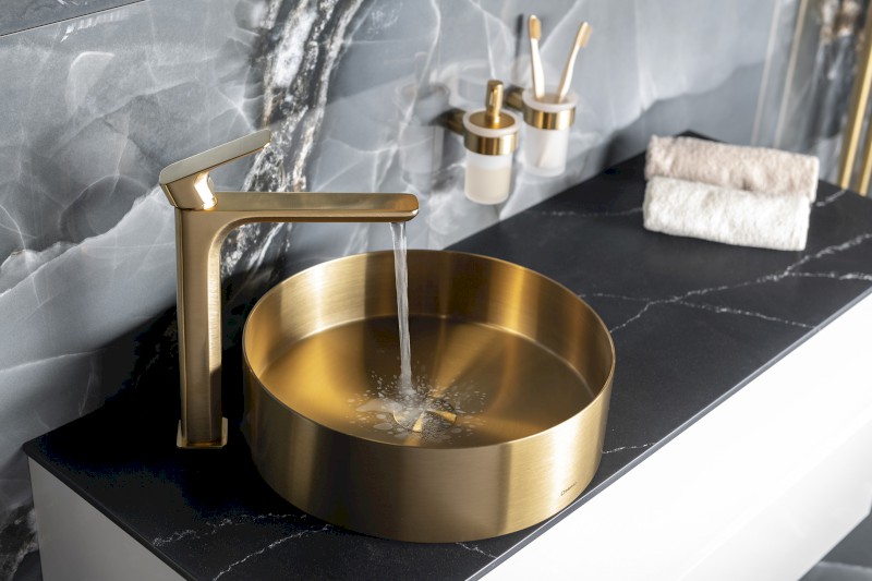 SPY stojánková umyvadlová baterie vysoká, prodloužená hubice, zlato mat PY07/19