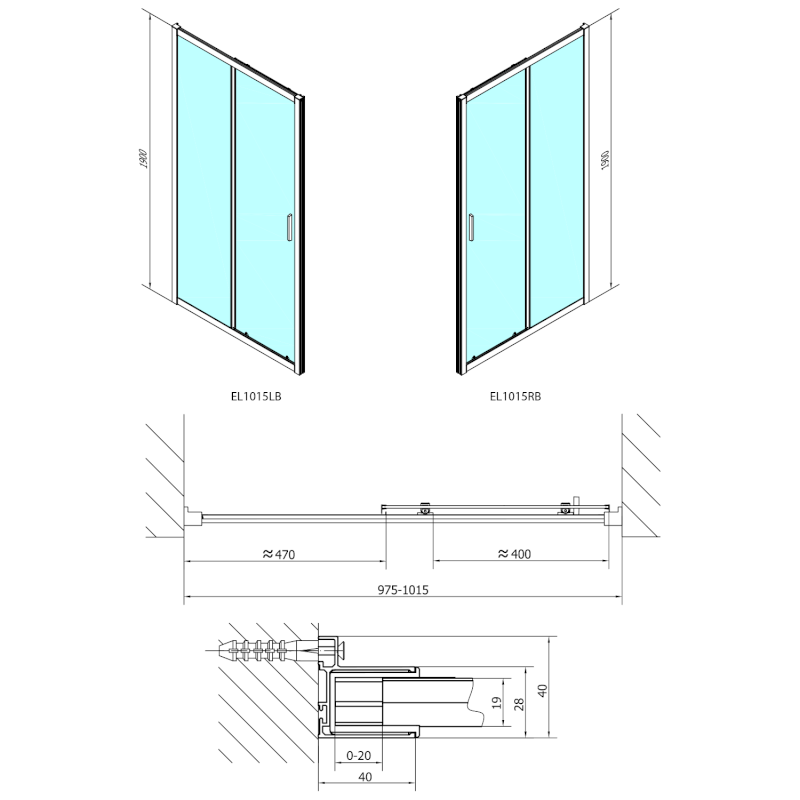EASY BLACK sprchové dveře 1000mm, čiré sklo EL1015B