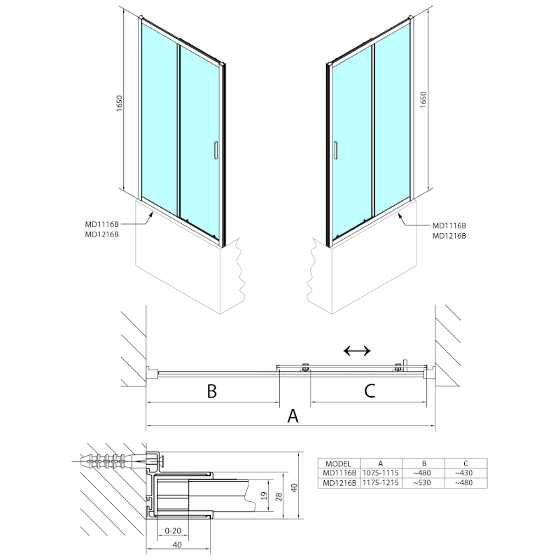 DEEP BLACK sprchové dveře 1200x1650mm, čiré sklo MD1216B