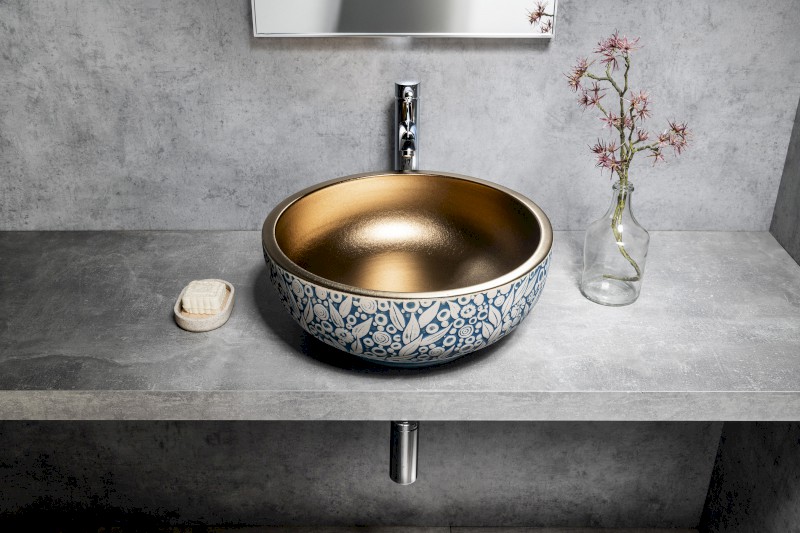 PRIORI keramické umyvadlo na desku, Ø 41 cm, měď/modrá se vzorem PI037