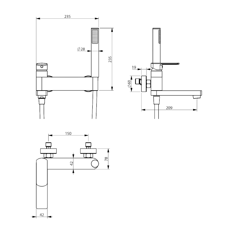 MIXONA nástěnná vanová baterie s ruční sprchou, otočné ramínko, chrom MG110