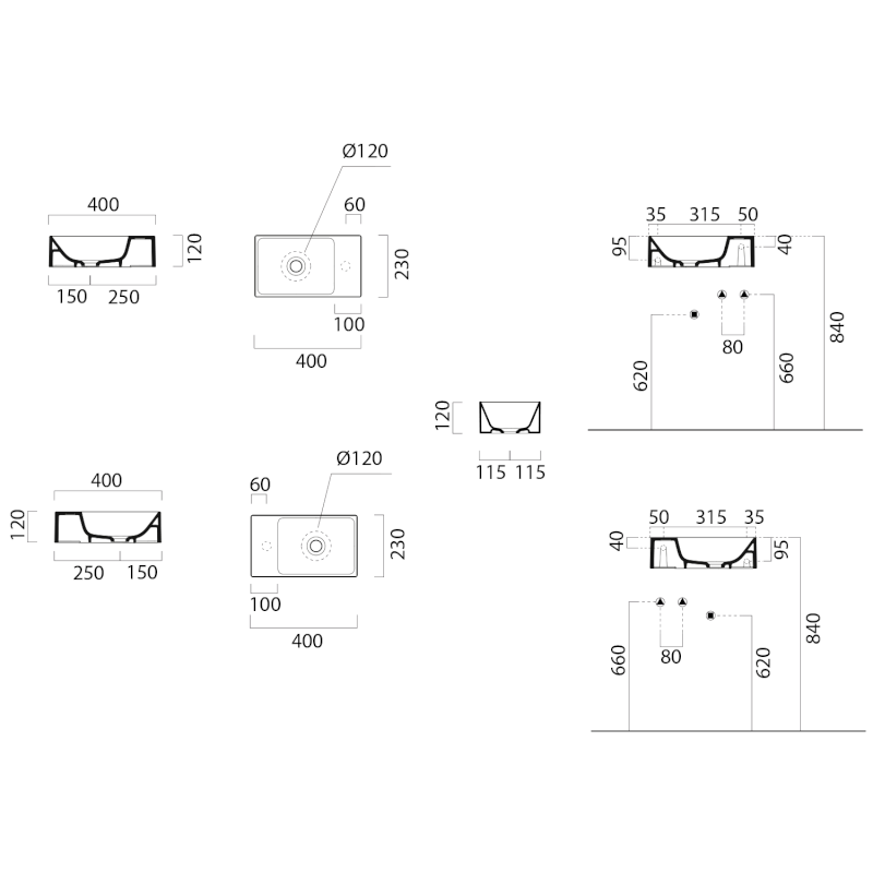 KUBE X keramické umývátko 40x23cm, bez otvoru, pravé/levé, bílá mat 9484009