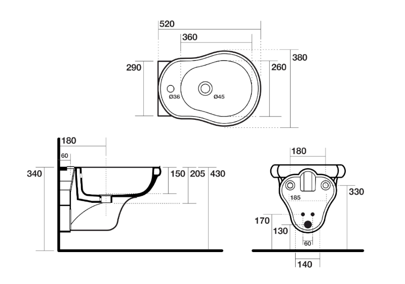RETRO bidet závěsný 38x52cm, černá mat 102631