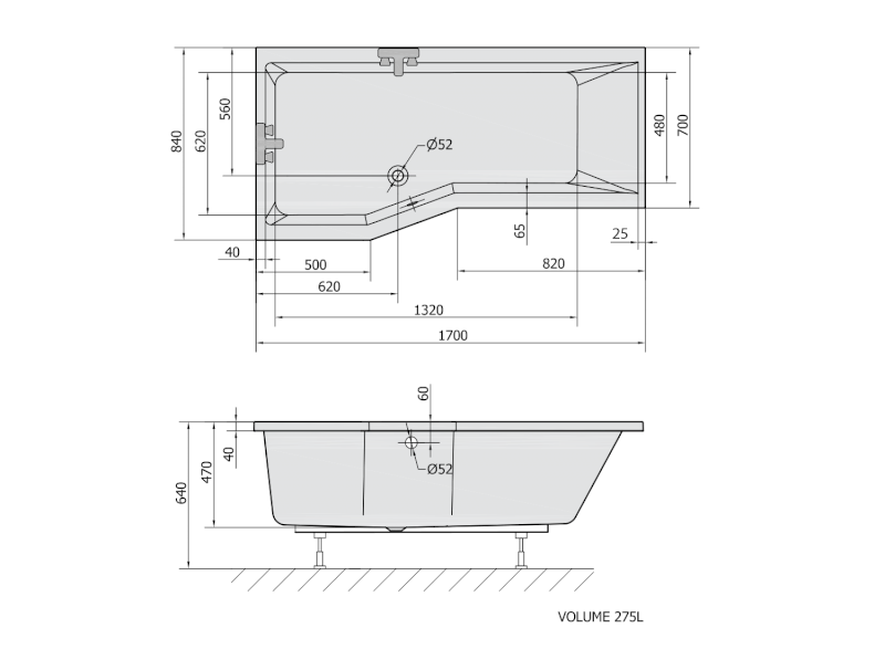 VERSYS L asymetrická vana 170x84x70x47cm, bílá 70111