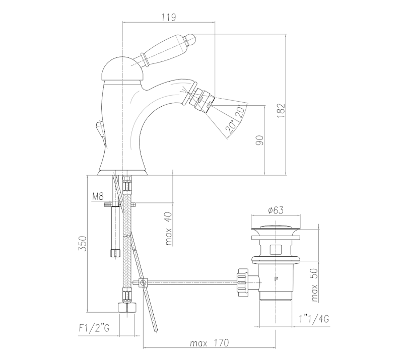 KIRKÉ WHITE stojánková bidetová baterie s výpustí, bílá páčka, chrom KI03BC