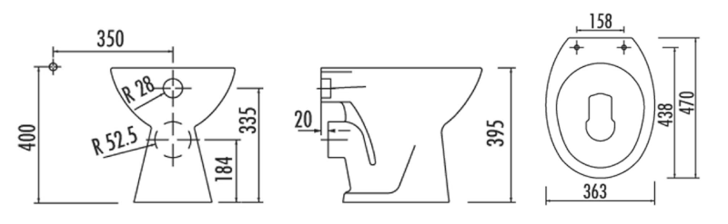 WC mísa stojící, 36x47cm, zadní odpad, bílá TP330