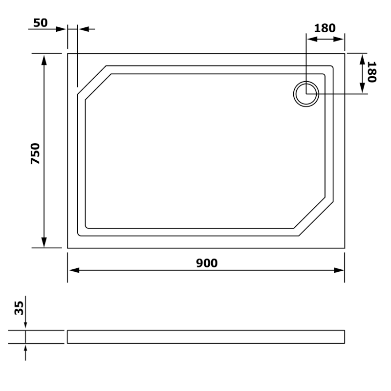 SARA sprchová vanička z litého mramoru, obdélník 90x75cm, bílá HS9075