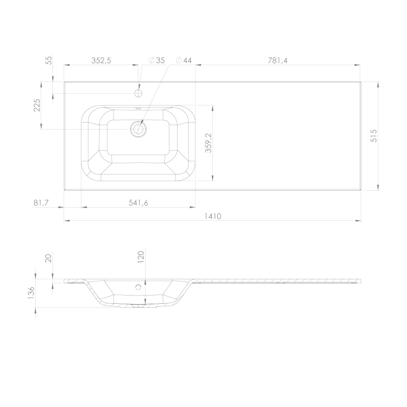 ARECA umyvadlo, litý mramor, 141x51,5cm, levé, bílá AC141L
