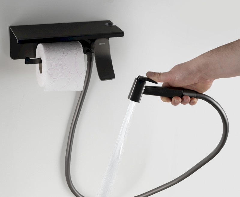 Podomítková bidetová baterie se Stop sprškou a držákem toaletního papíru, gun metal TJ040GM