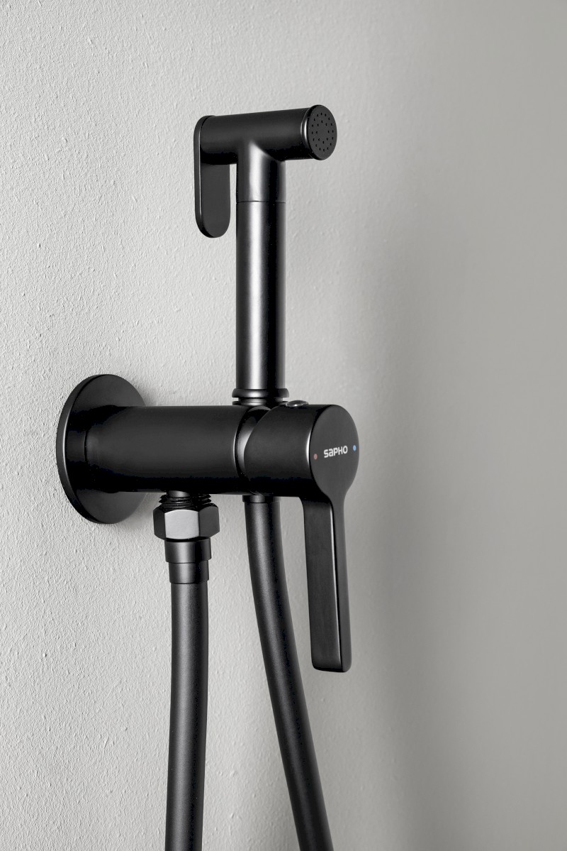 ICONIC podomítková bidetová baterie se Stop sprškou, kulatá, černá mat AF040B