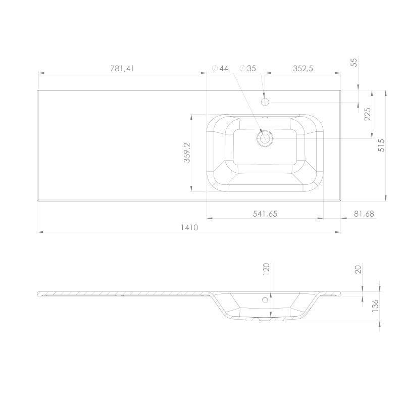 ARECA umyvadlo, litý mramor, 141x51,5cm, pravé, bílá AC141R