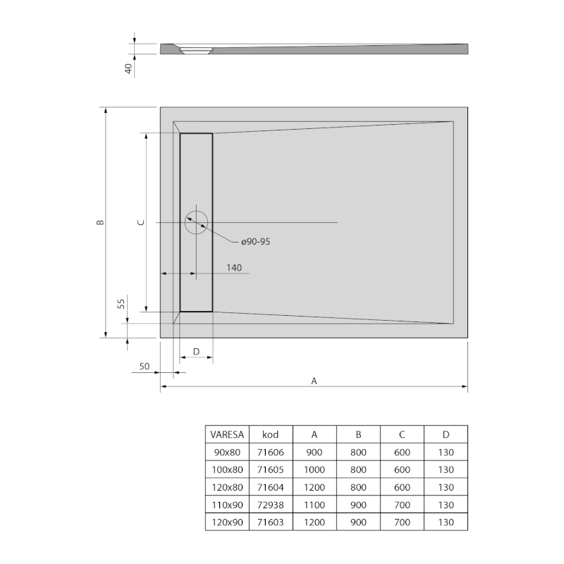 VARESA sprchová vanička z litého mramoru se záklopem, obdélník 100x80cm, bílá 71605
