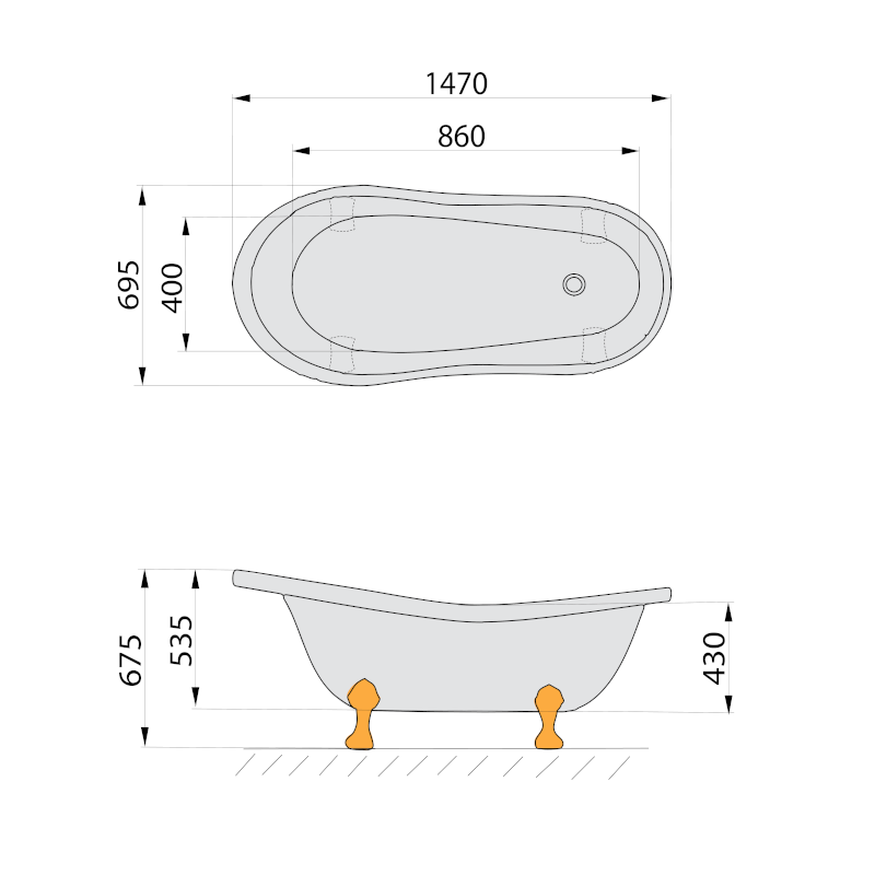 RETRO volně stojící vana 147x69,5x67,5cm, nohy chrom mat, bílá 85316