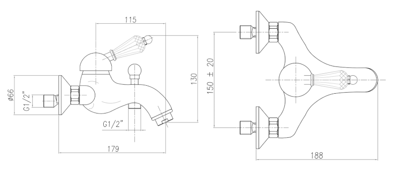 KIRKÉ CRYSTAL nástěnná vanová baterie, páčka krystal, zlato KI10KZ