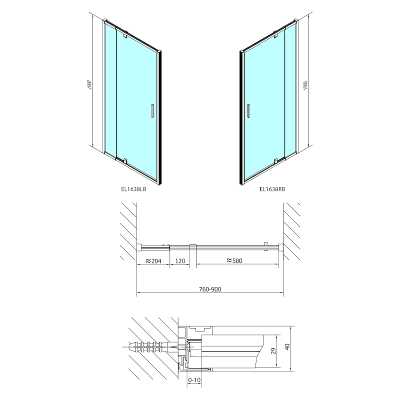 EASY BLACK sprchové dveře otočné 760-900mm, sklo Brick EL1638B